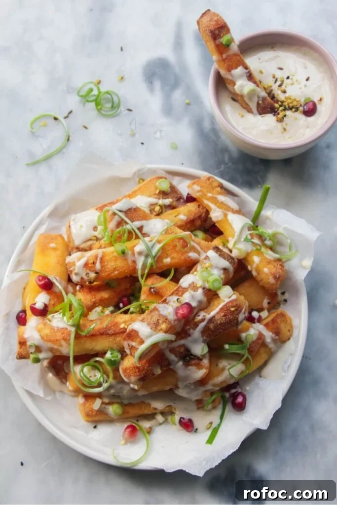 Spiced Dukkah Recipe: Crunchy Egyptian Nut & Spice Mix 11 Pile of halloumi fries on a white plate with pomegranate seeds, spring onion and tahini sauce drizzled on top.