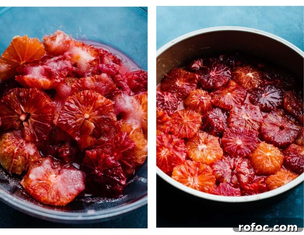 Blood Orange Upside-Down Cake Recipe & Citrus Glaze Tips 5 A bowl of orange slices with sugar, and a cake pan with the orange slices laid out.
