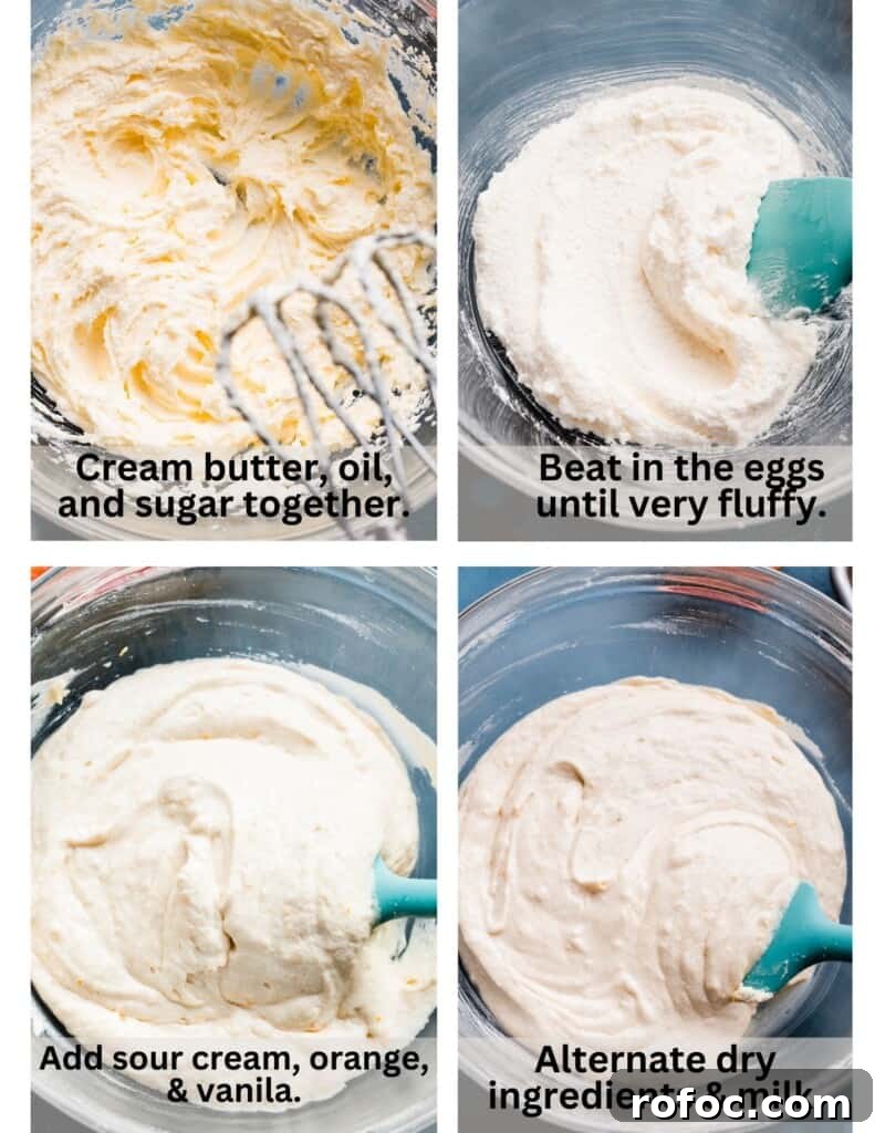 Blood Orange Upside-Down Cake Recipe & Citrus Glaze Tips 6 Four images showing the steps of the cake batter coming together.