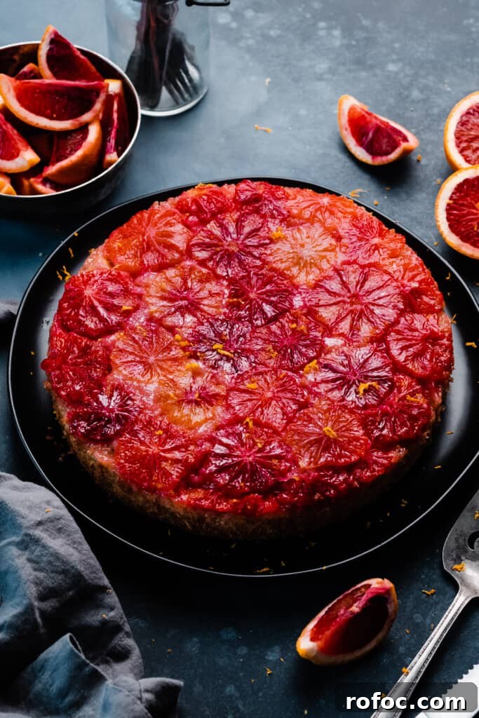 Blood Orange Upside-Down Cake Recipe & Citrus Glaze Tips 9 The baked cake on a serving plate, blanketed with beautiful orange slices on top.
