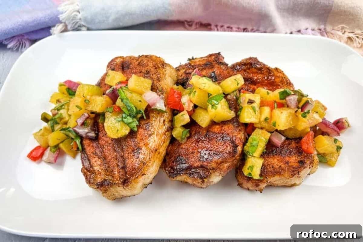 19 Fall Cookout Recipes for Sunday Dinner and Game Day 15 Grilled pork chops with pineapple salsa on a white plate.
