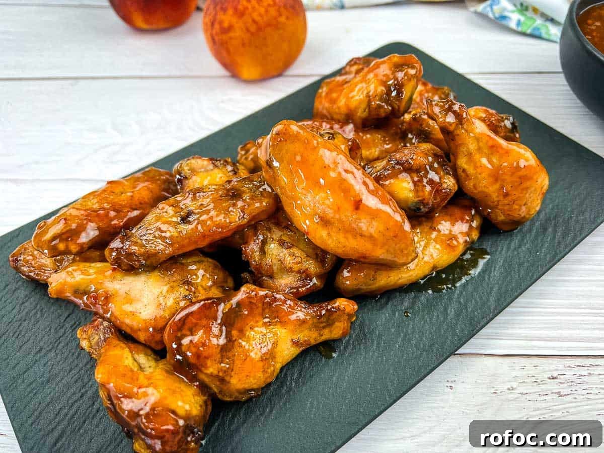 19 Fall Cookout Recipes for Sunday Dinner and Game Day 4 Smoked and glazed peach-chipotle chicken wings on a black plate.