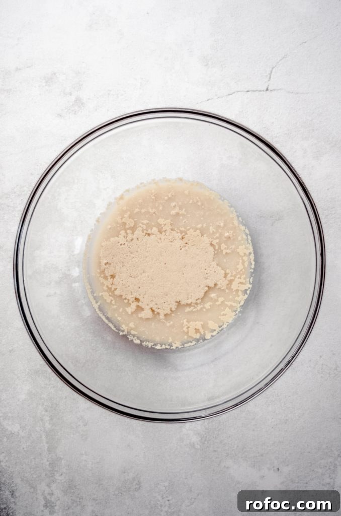 Baking with Yeast: A Practical Guide for Soft, Flavorful Bread 5 Aerial photo of proofed yeast in a large glass bowl.