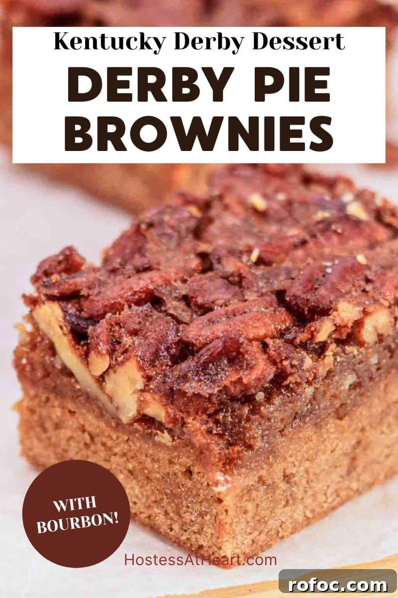 Derby Pie Brownies: Classic Kentucky Derby Dessert Recipe 16 An image for Pinterest of a piece of Kentucky Derby Pie Brownie showing pecan topping layer on parchment paper - Hostess At Heart