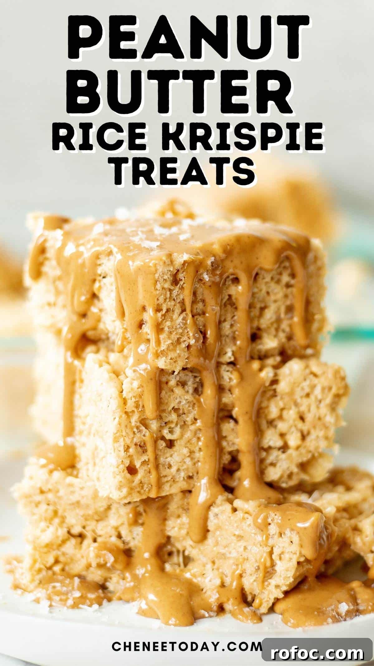 Peanut Butter Rice Krispie Treats Recipe You’ll Love 7 pin for peanut butter Rice Krispie treats - treats stacked together and drizzled with melted peanut butter