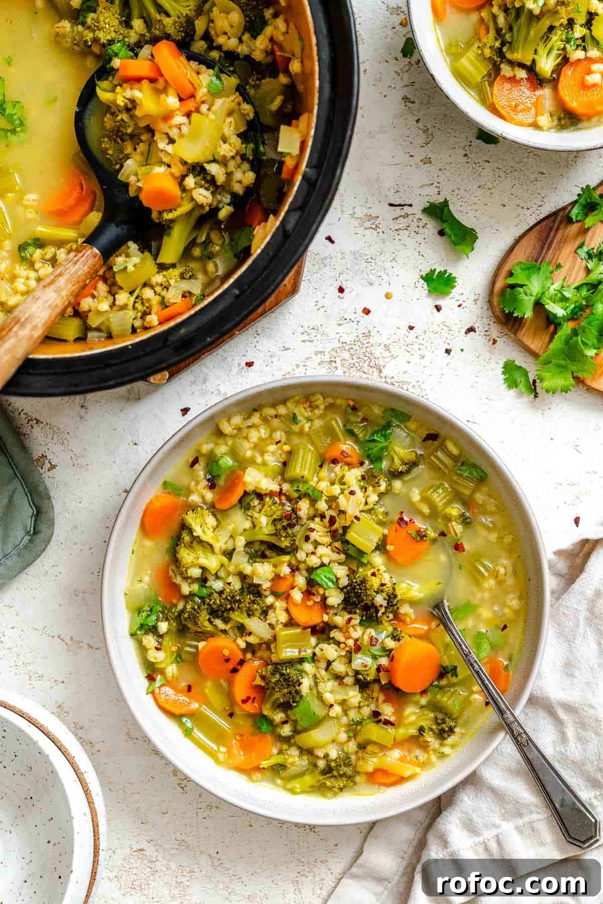 Hearty Vegetable and Barley Soup Recipe for Cozy Meals 2 Completed Vegetable Barley Soup in a bowl alongside pot.