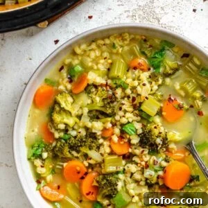 Hearty Vegetable and Barley Soup Recipe for Cozy Meals 13 Completed Vegetable Barley Soup in a bowl alongside pot.