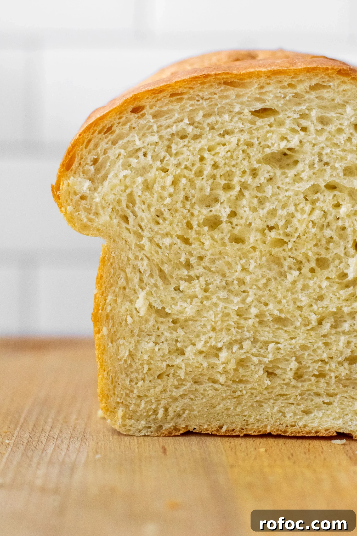 A cross section of a loaf of potato bread.