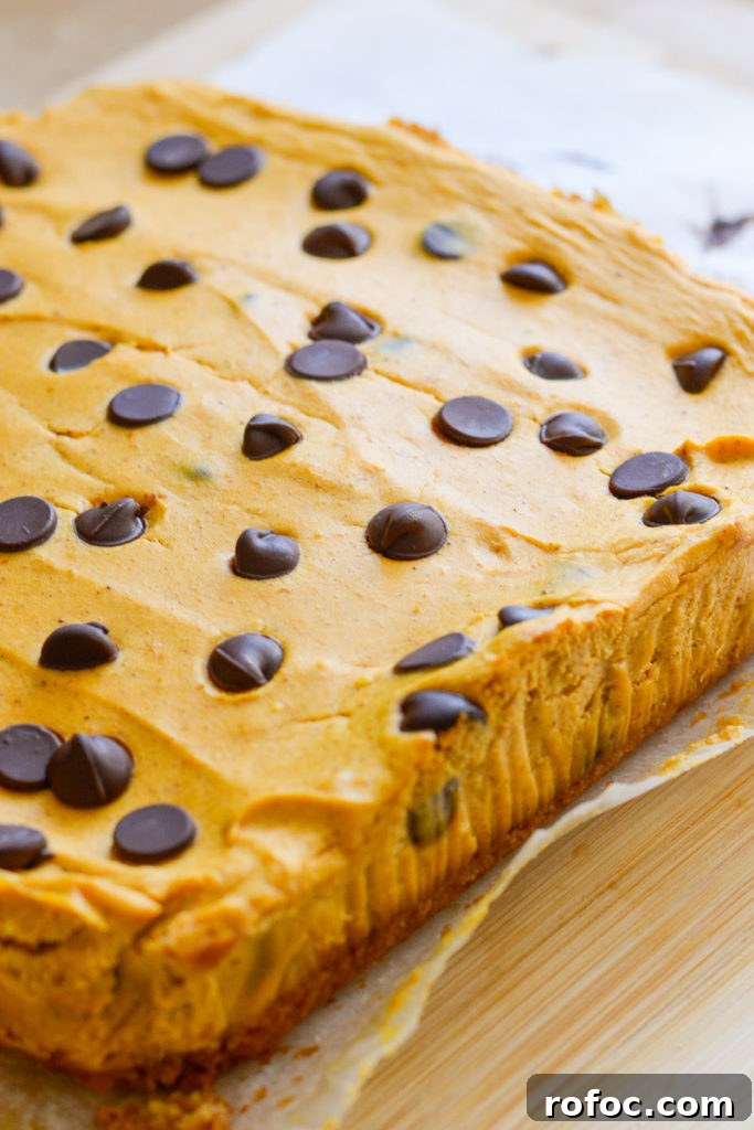 Decadent Keto Pumpkin Cheesecake Recipe 2 These Keto Pumpkin Chocolate Chip Cheesecake Bars are super creamy, full of pumpkin flavor and only have 5 net carbs! Try this low-carb fall dessert today.