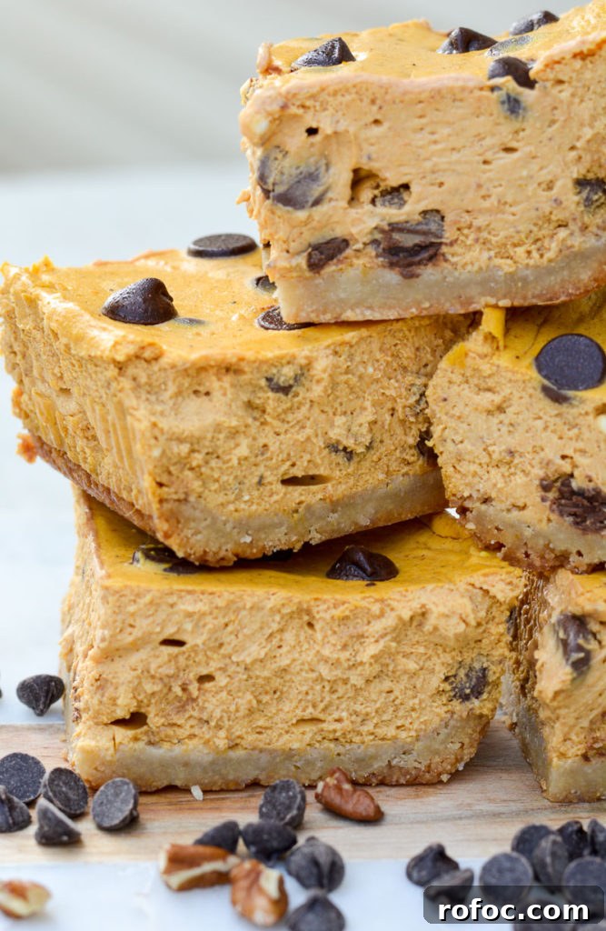 Decadent Keto Pumpkin Cheesecake Recipe 3 These Keto Pumpkin Chocolate Chip Cheesecake Bars are super creamy, full of pumpkin flavor and only have 5 net carbs! Try this low-carb fall dessert today.