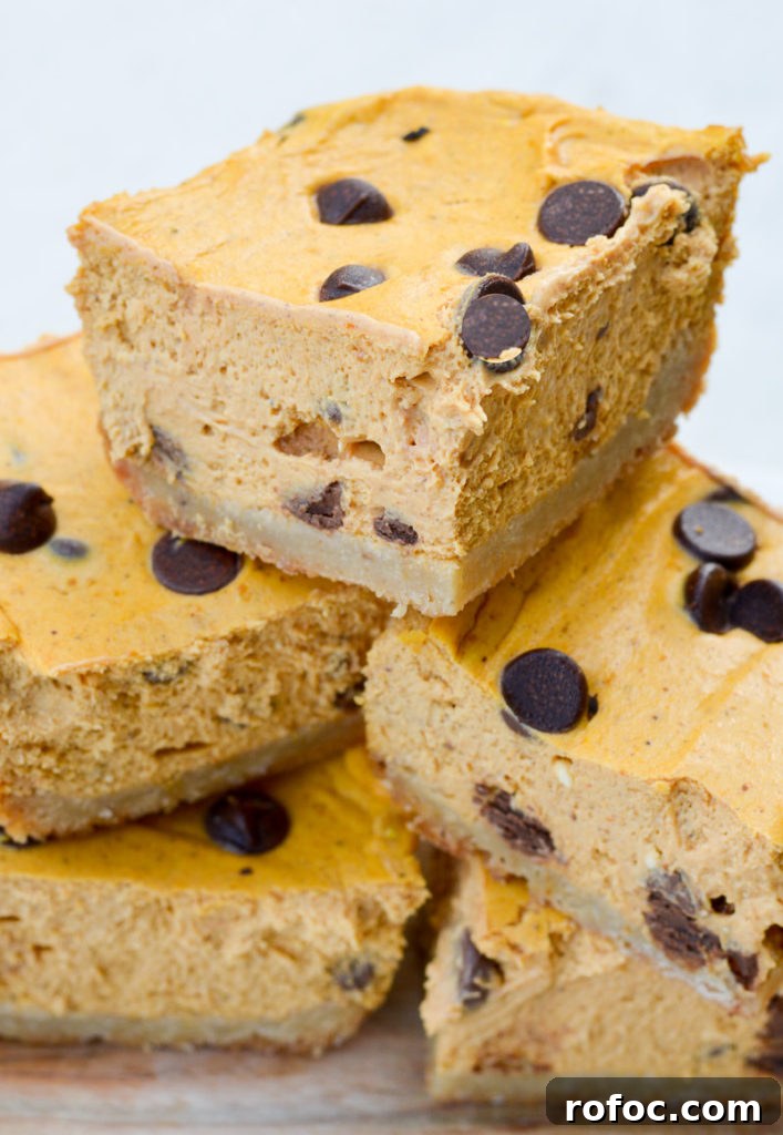 Decadent Keto Pumpkin Cheesecake Recipe 4 These Keto Pumpkin Chocolate Chip Cheesecake Bars are super creamy, full of pumpkin flavor and only have 5 net carbs! Try this low-carb fall dessert today.