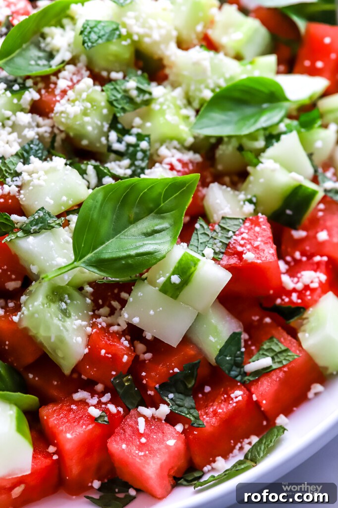 Refreshing Watermelon, Cucumber and Basil Salad 11 A side view of our Watermelon Cucumber Basil Salad.