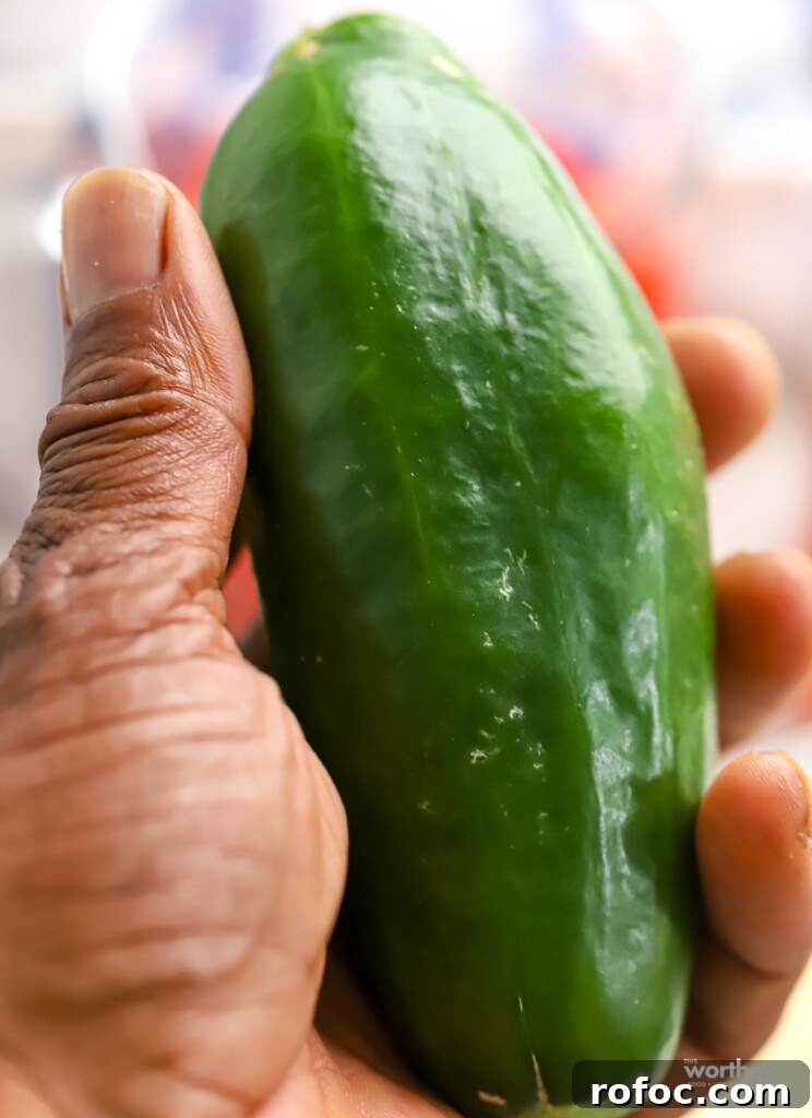Refreshing Watermelon, Cucumber and Basil Salad 4 A hand holding a freshly harvested Persian cucumber.