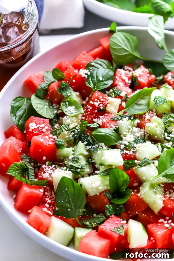Refreshing Watermelon, Cucumber and Basil Salad 8 Watermelon salad, with honey, fresh mint, and cotija cheese.