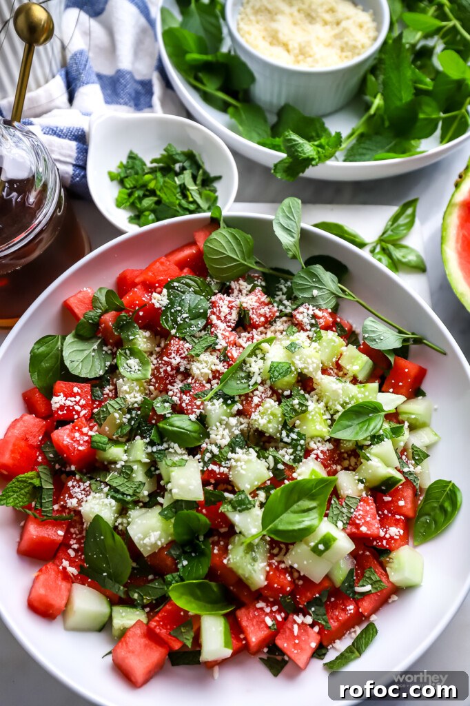 Refreshing Watermelon, Cucumber and Basil Salad 10 Watermelon salad, with honey, basil, fresh mint, and Cotija cheese.