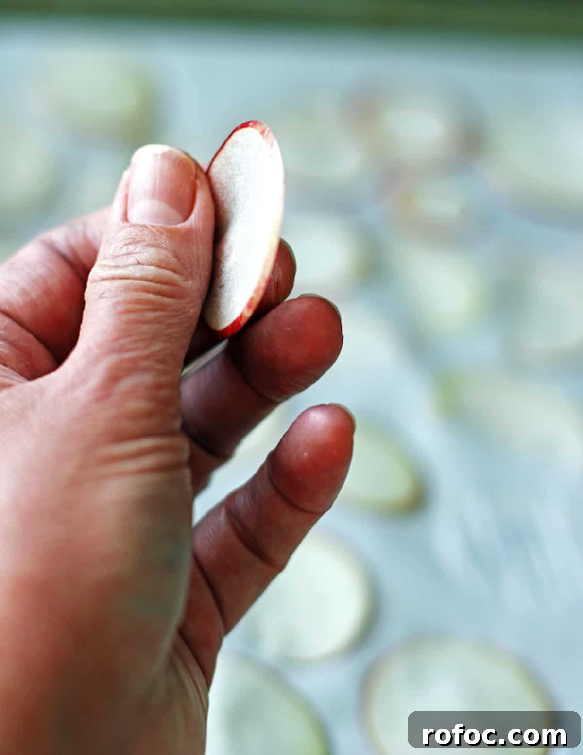 A hand holding a thin slice of an apple.