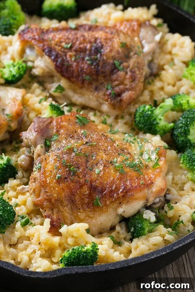 Chicken thighs served over cheesy broccoli rice.