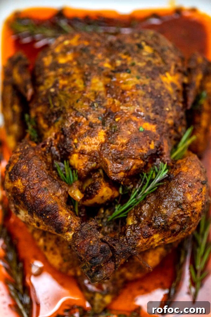 Perfectly roasted whole garlic butter chicken.