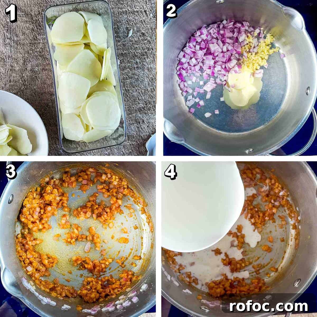 Collage showing the steps for air fryer scalloped potatoes: Slicing potatoes thinly with a mandolin, melting butter in a saucepan with onion and garlic, then adding flour, spices, and gradually whisking in milk to form a creamy sauce.