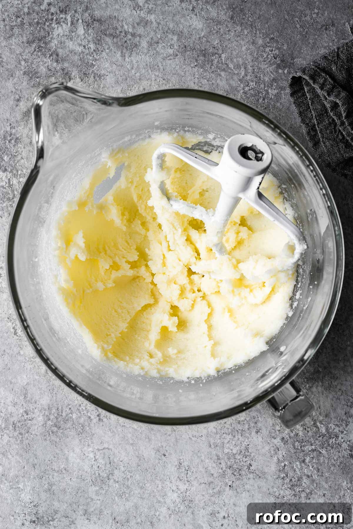 Creamed butter and sugar in a mixing bowl.