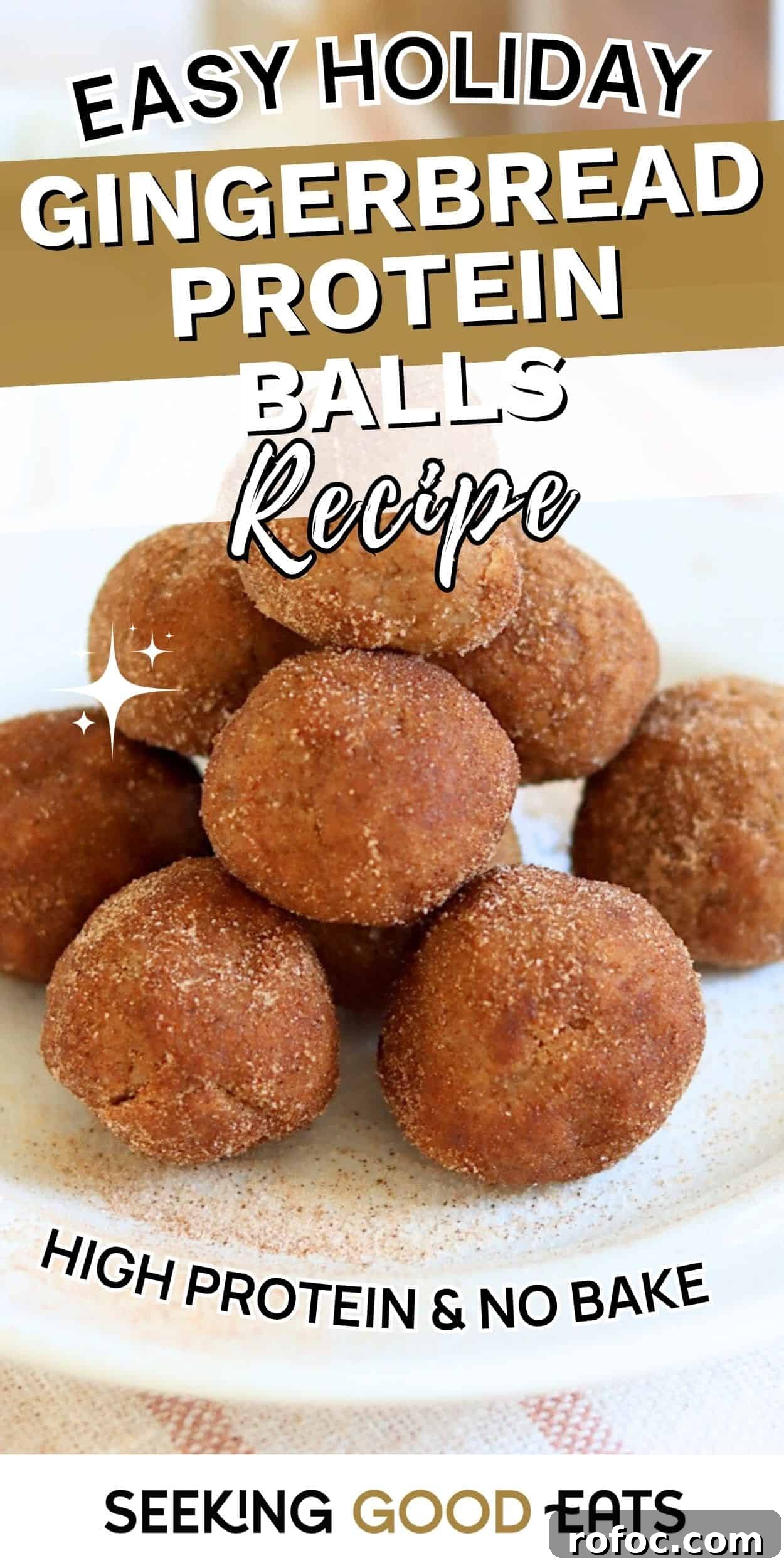 Plate of no bake gingerbread protein balls coated in cinnamon and sugar, stacked as a healthy high-protein snack.