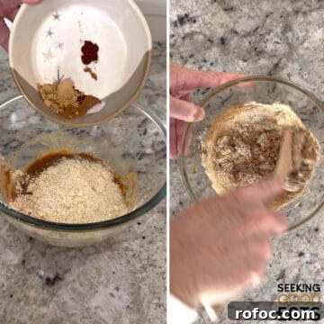 Adding dry ingredients to the wet ingredients for no bake gingerbread protein balls in the glass bowl.