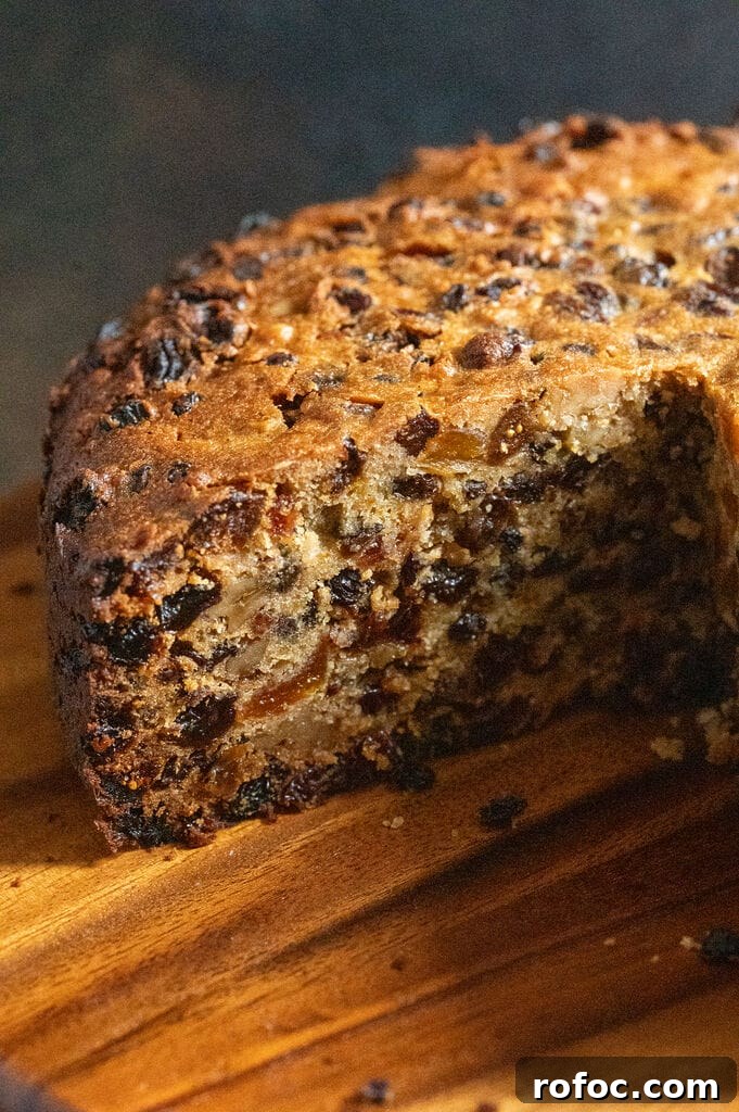 A close up of the inside of the fruitcake