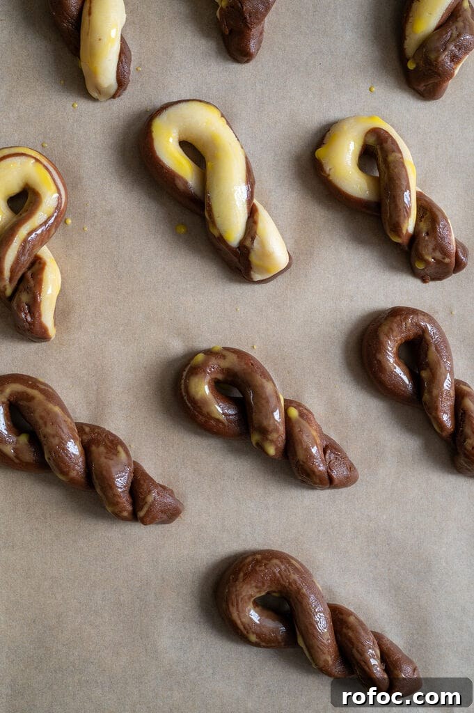 Greek butter koulourakia with a chocolate twist on a baking tray.