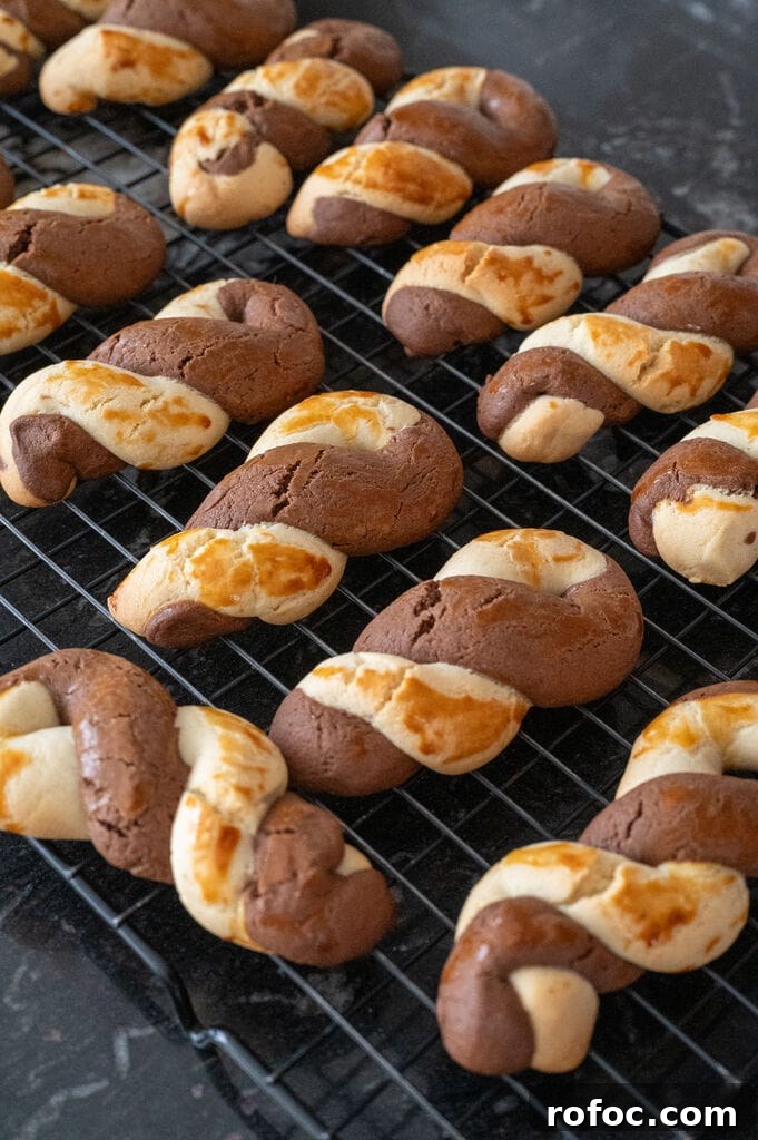 Greek butter koulourakia with a chocolate twist on a wire rack.