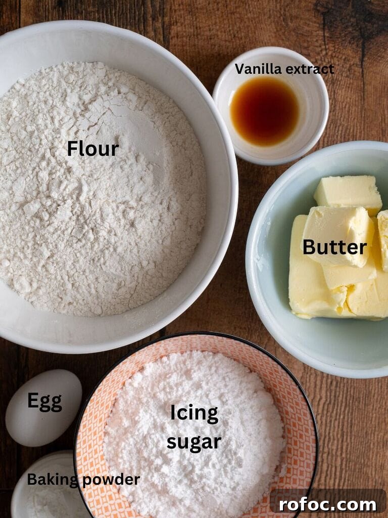 Ingredients for the cookies: Flour, vanilla extract, butter, egg, baking powder and icing sugar.