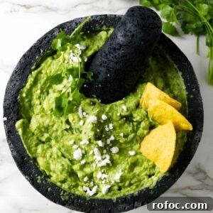 Stone mortar with guacamole and chips.