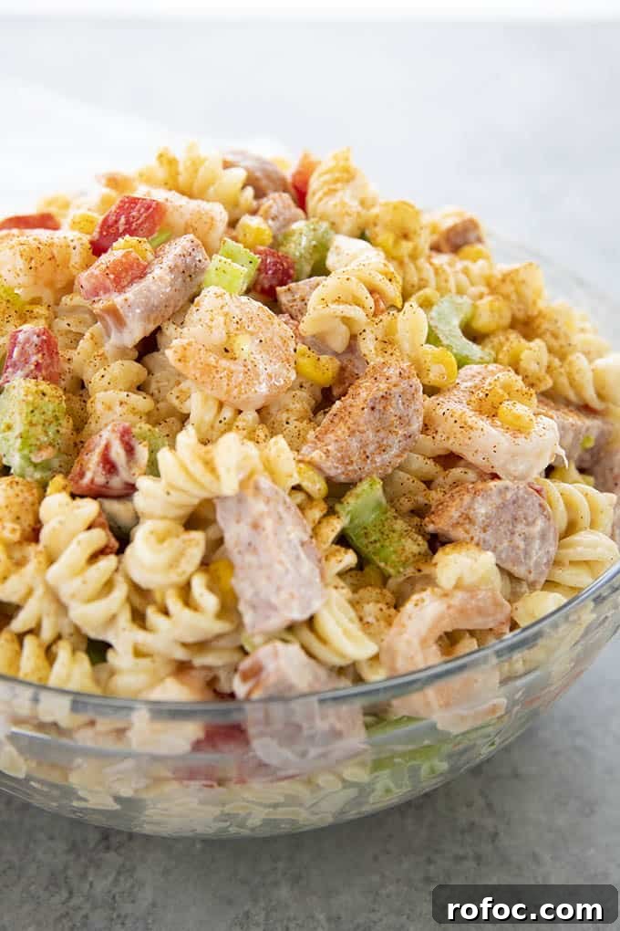 close up photo of shrimp pasta salad in a glass bowl