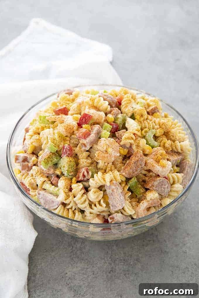 glass bowl full of shrimp boil pasta salad