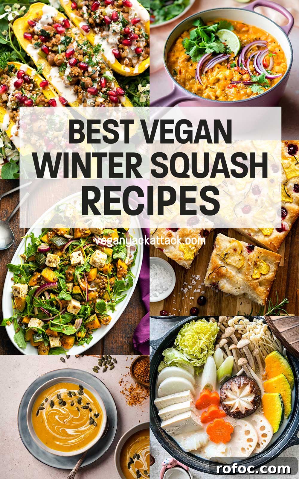 Vegan Winter Squash Recipes for Every Palate 2 Photo collage of soups, salads, bread, and entrees with text reading "best vegan winter squash recipes"